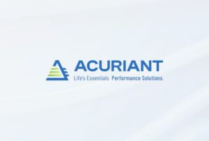 Acuriant logo and tagline: Life's Essentials. Performance Solutions. Background is light gray with subtle wave pattern on the bottom/right.